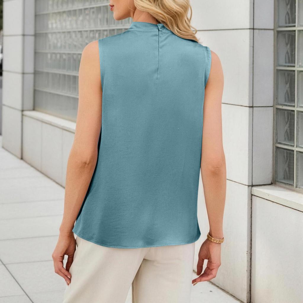 Women’s Summer Pleated Sleeveless Blouse Business Casual Top with High Neck and Relaxed Fit for Office or Daily Wear