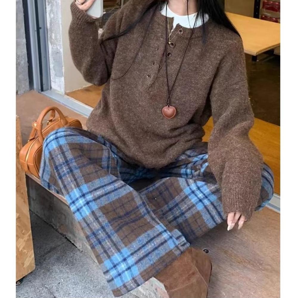 Ladies' Autumn and Winter High Waisted Woolen Plaid Wide Leg Pants, Casual Versatile, Casual with Plush Pants