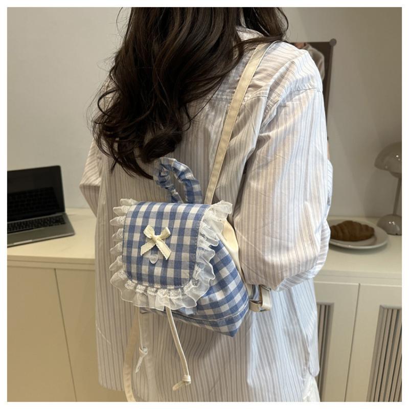 1Pcs Large Capacity Bow Shoulder Bag Multi Functional Korean Style Lace Plaid Backpack Travel Canvas Backpack Book Bag