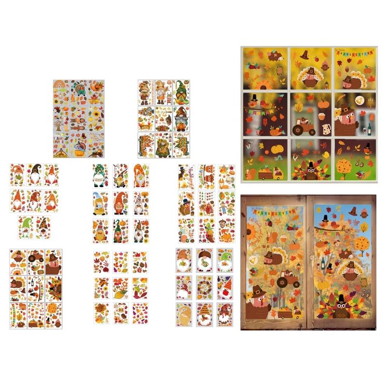 9 Sheets Thanksgiving Day Adhesive Electrostatic Stickers Decorations Decal Maple Leaf Larch Fruits Party Supplies