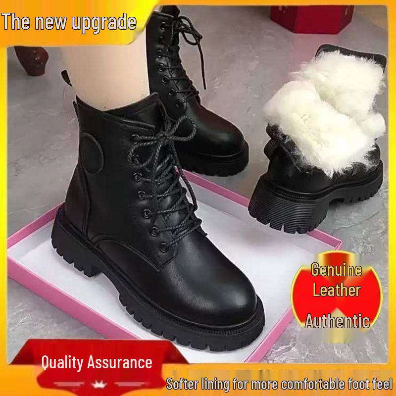 Women's Genuine Leather Martin Boots: Thick Sole, Plus Velvet, Wool-Lined, Warm, British Style, Autumn/Winter Snow Boots.