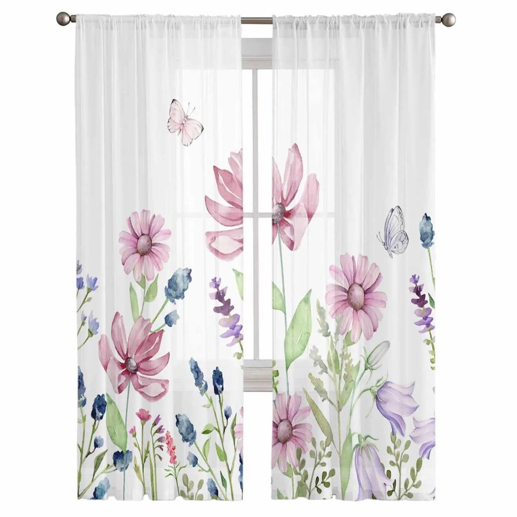 Summer Plants Flowers Butterflies Tulle Curtains For Living Room Sheer Curtain For Bedroom Kitchen Blinds Voile Curtains