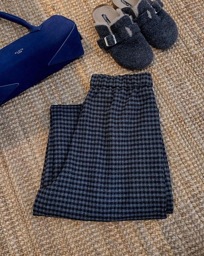 Two-Color Retro Plaid Velvet Fleece-Lined Wide-Leg Casual Pants