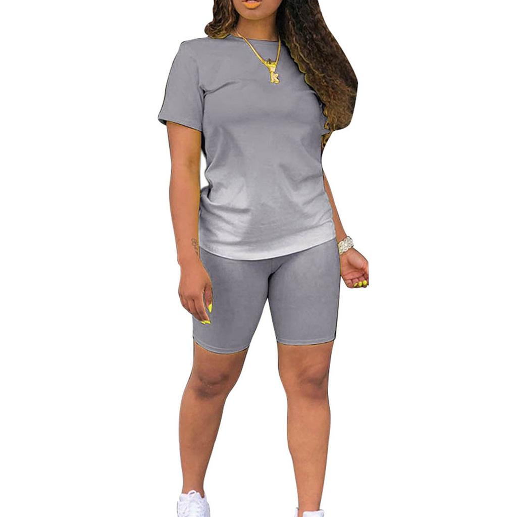 Sommer 2-teiliges Outfit für Damen, kurzärmeliges T-Shirt, Hose, Shorts, Farbverlaufs-Trainingsanzug, Sportbekleidung