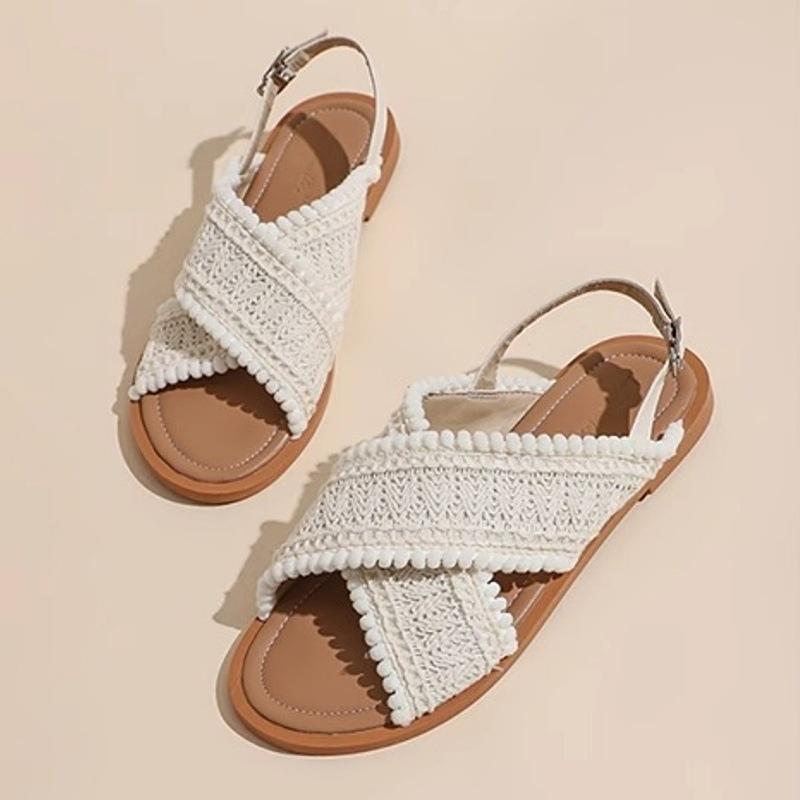 Fashion 2025 Fashion Women Sandals Ladies Flat Roma Heels Knitted Summer Sandals Outside Cross Tied Leather Female Slides Woman Sandals