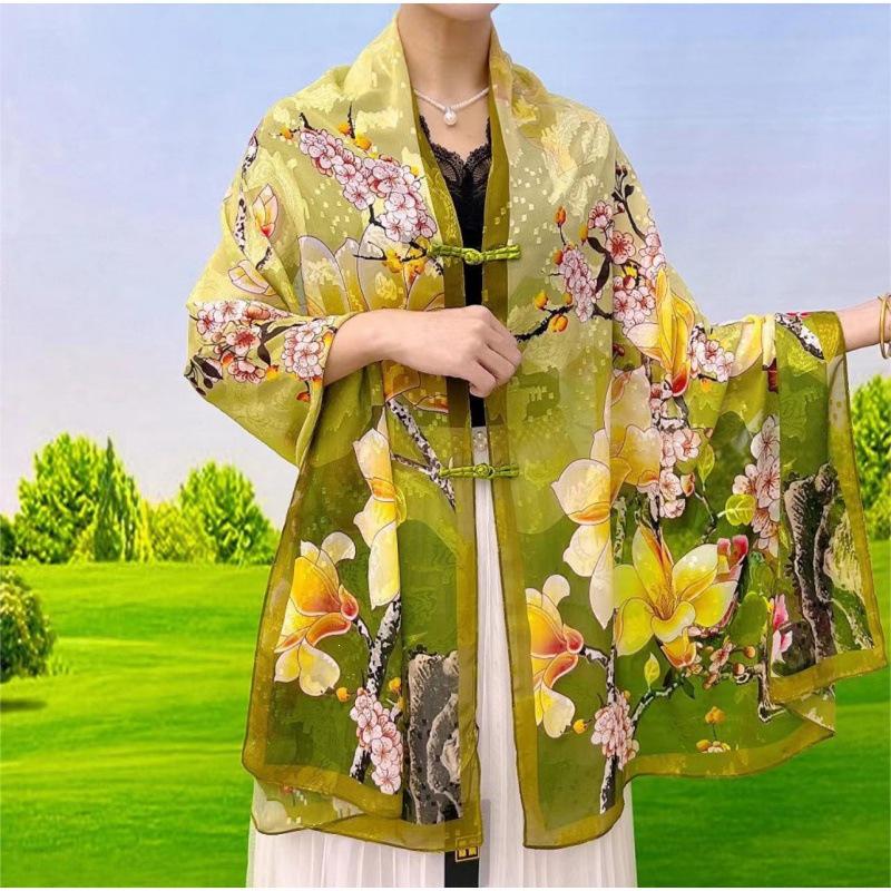 Xin Sai Qi Chinese Frog Button Cutout Shawl Fashionable Silk Scarf for Travel and Photography