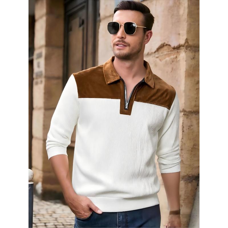 New Spring Autumn Casual Suede Polo Sweatshirt Men Stylish Knit Patchwork Textured Polo Shirts Mens Vintage Half-zip Lapel Jumper Tops