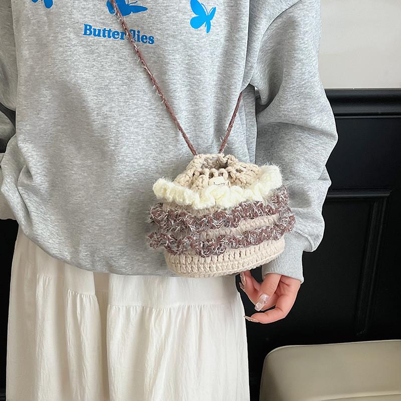 Cotton Linen Knitting Water Bucket Style Shoulder Bag For Kids And Teens