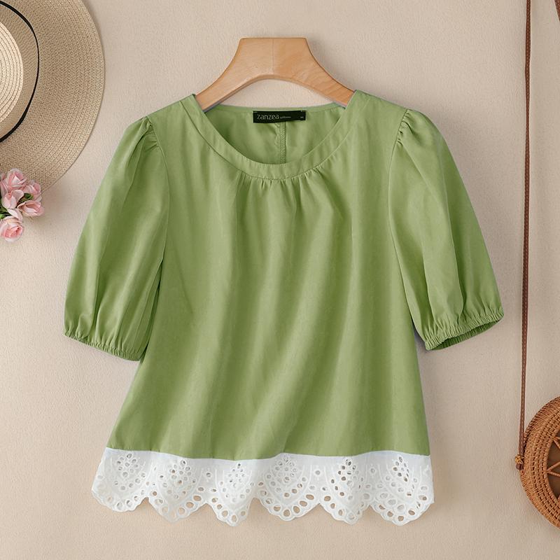 

ZANZEA Женская повседневная блузка с круглым вырезом, короткими рукавами и кружевной вставкой 5XL