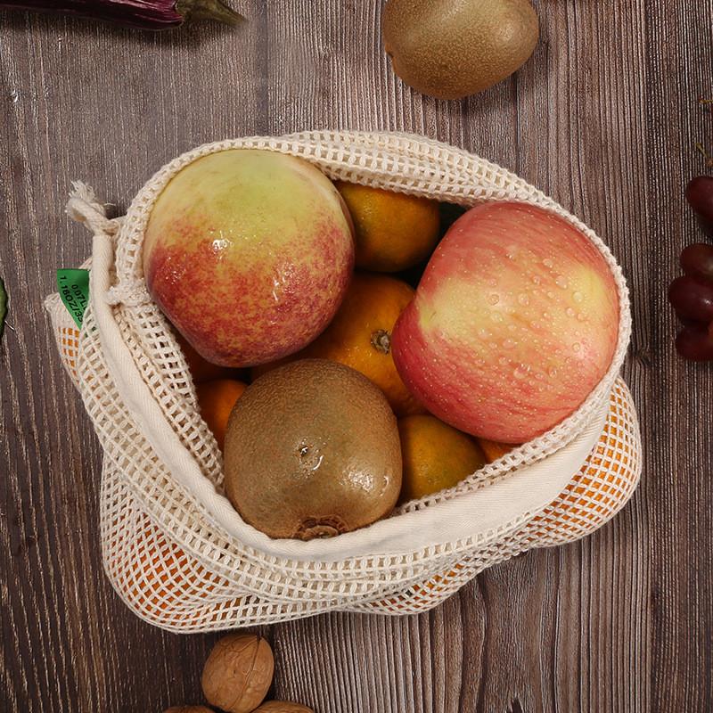 1Pc Eco Reusable Cotton Edging Mesh Supermarket Shopping Bags Kitchen Food Organizer Drawstring