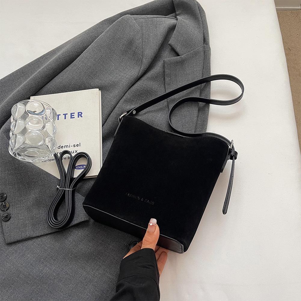 Women Suede Bucket Bag Adjustable Strap Hobo Shoulder Bag for Work Travel(Black)