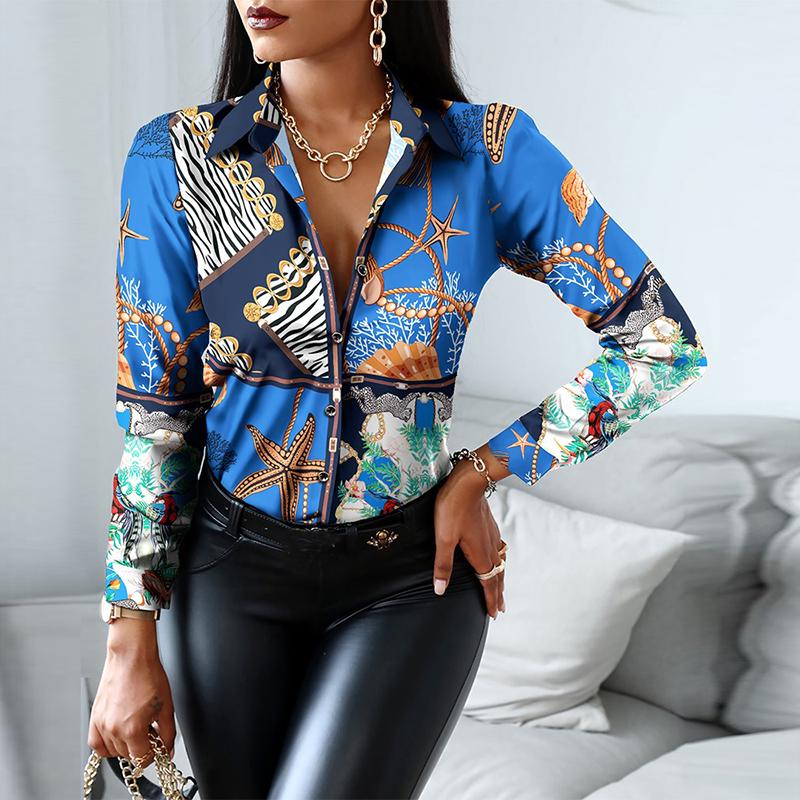 Spring Autumn Women Officewear Blouse Women Fashion Elegant Scarf Chain Print Button Design Shirt Long Sleeve Patchwork