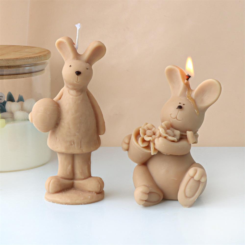 Standing Basketball Rabbit Candle Mold 3D Rabbit Family Size Holding Flower Fragrance Easter Animal Cake Baking Tools Home Gifts
