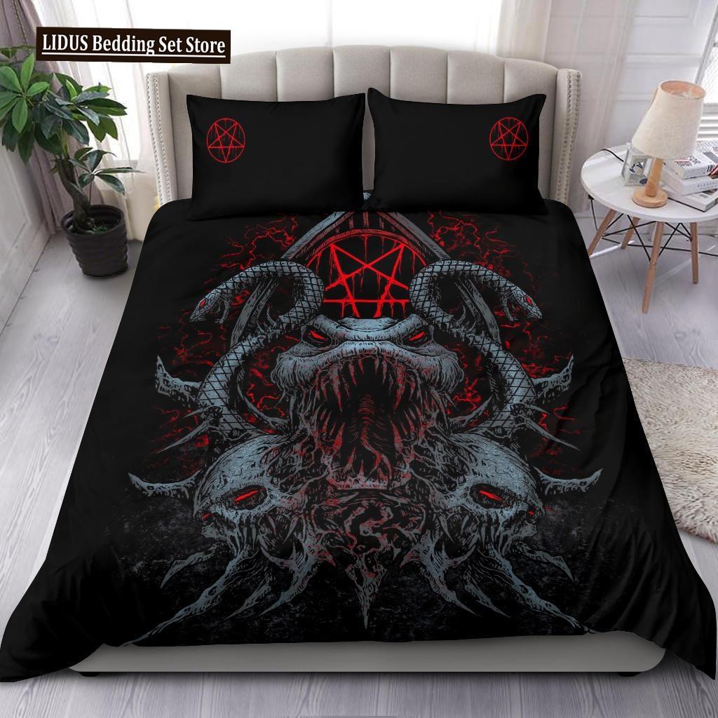 Skull Skeleton Satanic Goat Skull Duvet Cover Set Trophy Demon Breed Bedding Sets Night Blue Pink Satanic Baphomet Quilt Cover