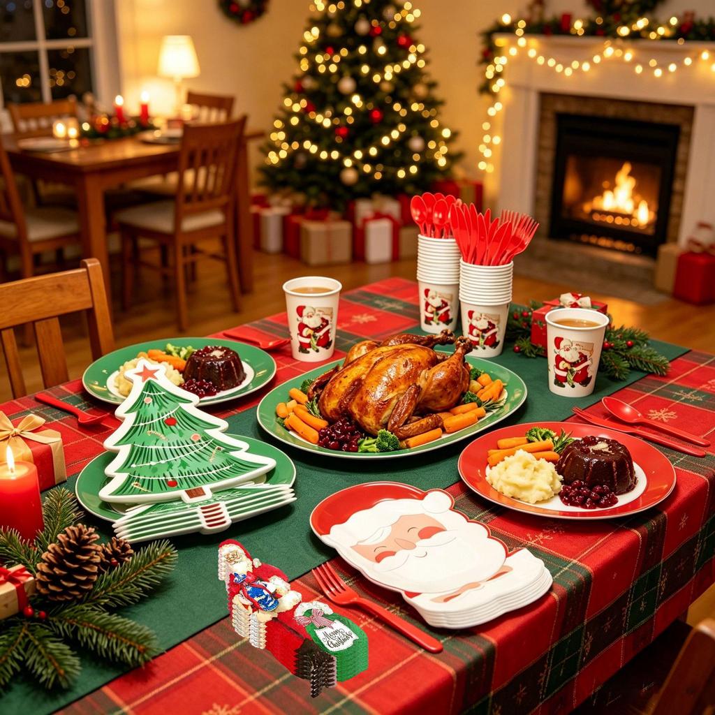 Christmas Dinner Party Supplies: Disposable Irregular Shape Plates, Napkins, Cups, Cutlery