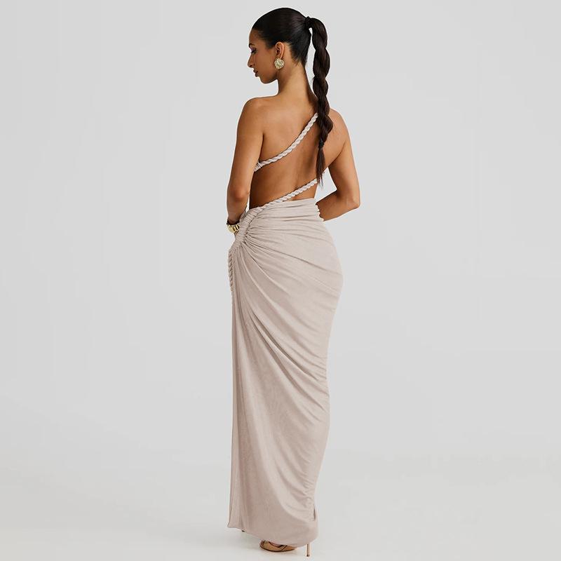 Mode Asymmetrische Geraffte Backless Hohe Split Lange Kleid Frau Sexy Slant Schulter Hanf Seil Aushöhlen Sommer Urlaub Kleider