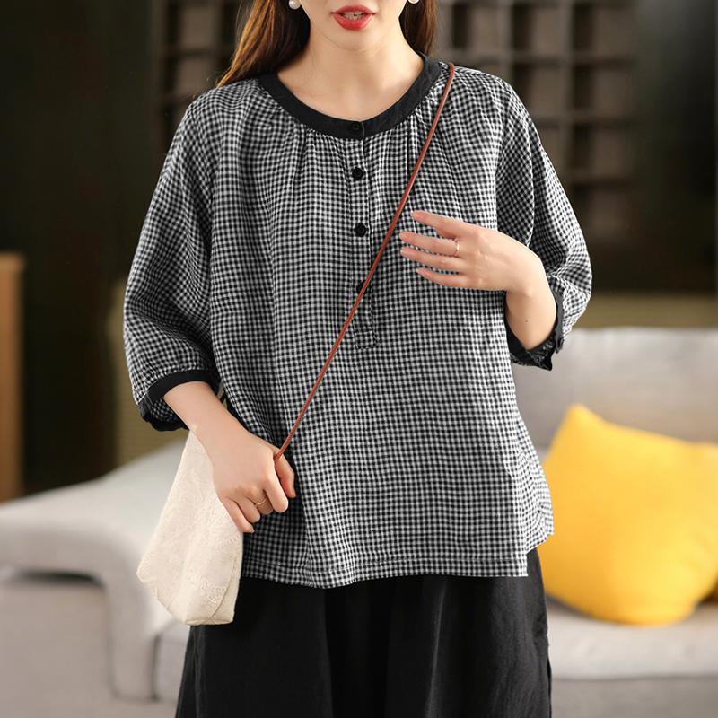 

ZANZEA Женская повседневная блузка свободного кроя с круглым вырезом и рукавом 3/4 с принтом в клетку M чёрный