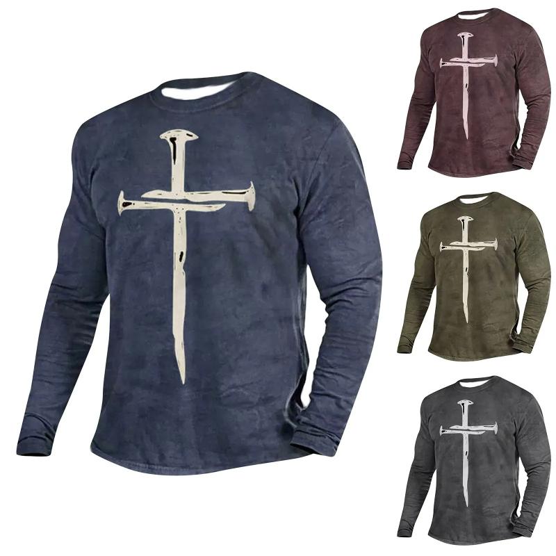

T-shirts For Men Spring And Autumn Cross Print Long Sleeve Casual Round Neck Vintage Tee Shirt Top Oversized Men s Clothing