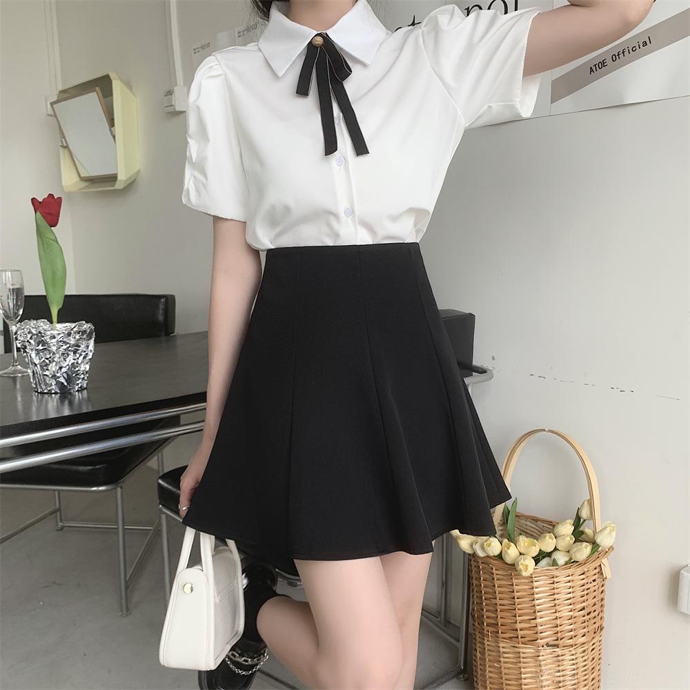 2026 Women's Black Pleated High-Waisted A-Line Umbrella Skirt - Summer Plus Size Slimming Short Skirt