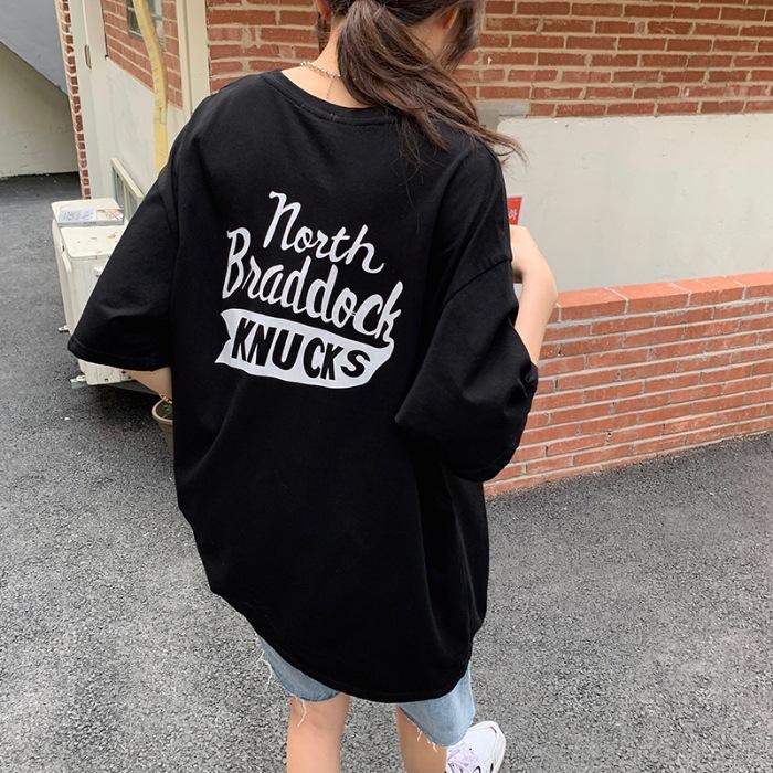 

Pure cotton summer new American retro letter printing round neck half-sleeve loose casual T-shirt 3XL чорний