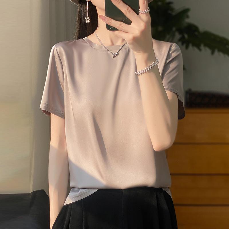 Frühling und Sommer Damen T-Shirt Seide Locker Rundhals Einfarbig Temperament Kurzarm T-Shirt Tops