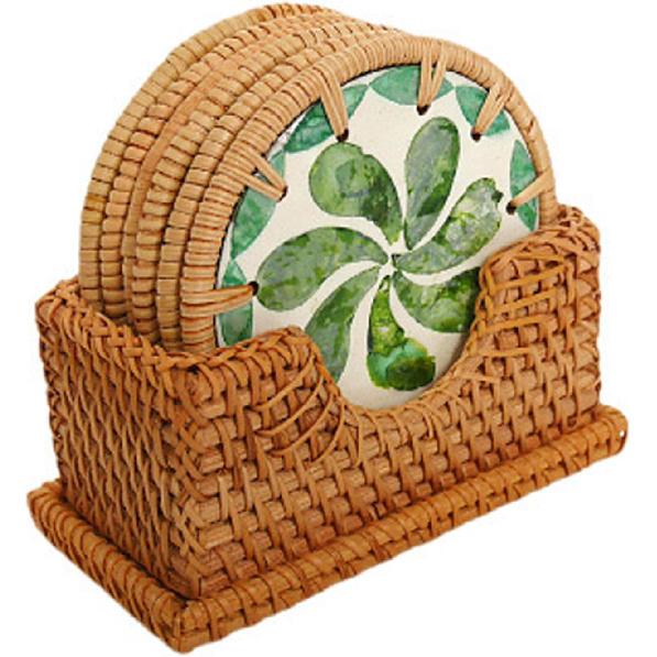 6pcs Decorative Boho Coasters with Gold Holder- 4inch Rattan and Mother of Pearl Shell Cup Mat for Coffee Table,Set of 6 Decorative Boho Colorful