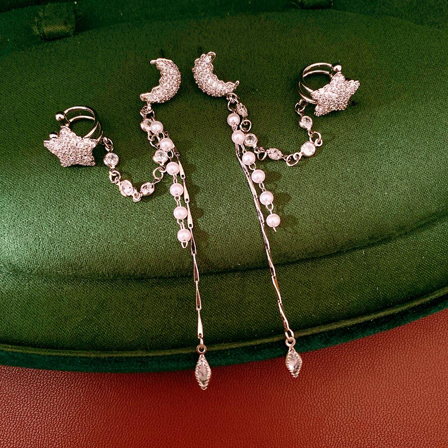 Silver Needle Zircon Star Moon Pearl Ear Clip for Women - No Piercing, Light Luxury Cartilage Earring