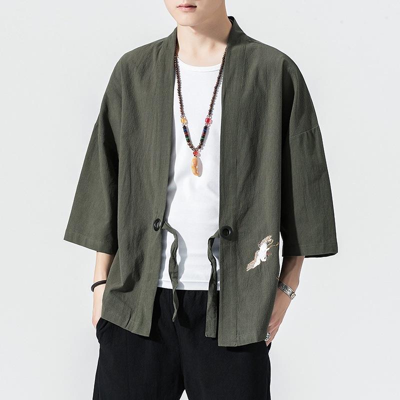 Mens Chinese Style Cotton Tang Suit Embroidery Kimono Cardigan Coat