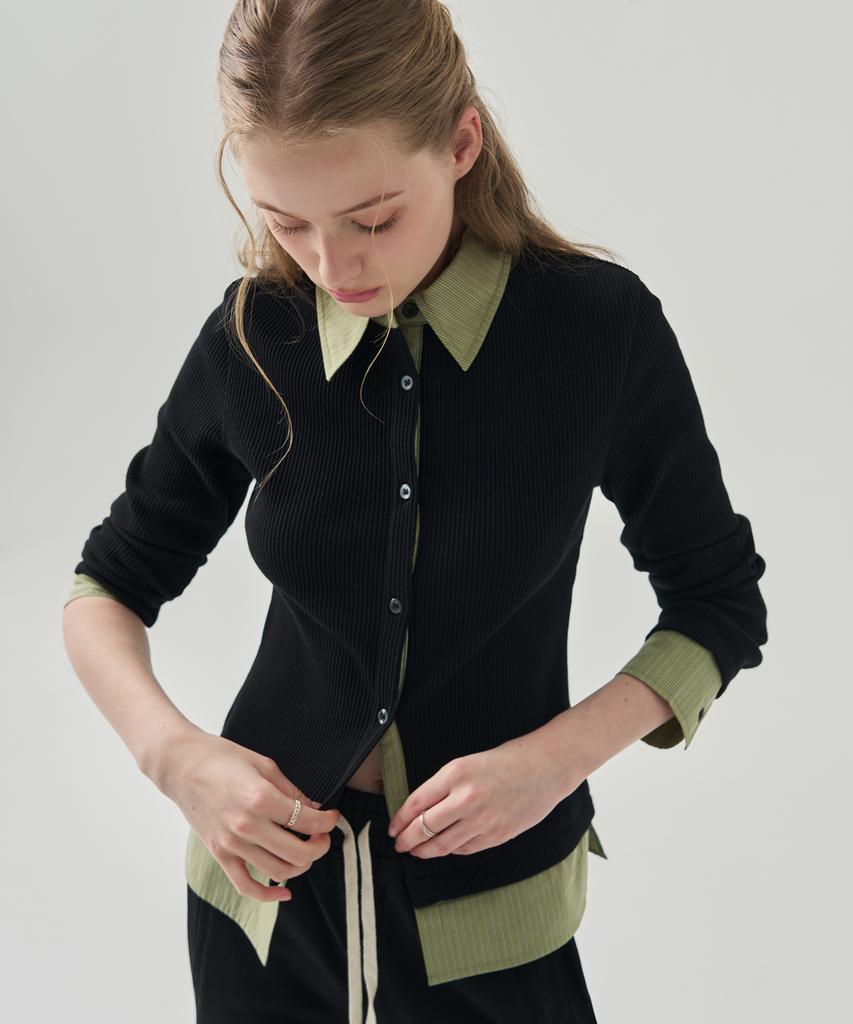 Deuloupisumeon Froze Layered Collar Shirt Cardigan [Green Stripe]