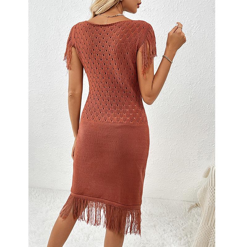 New Spring/Summer Fashion Women's Knitted Long Skirt Tassel Solid Color Dress Knitwear