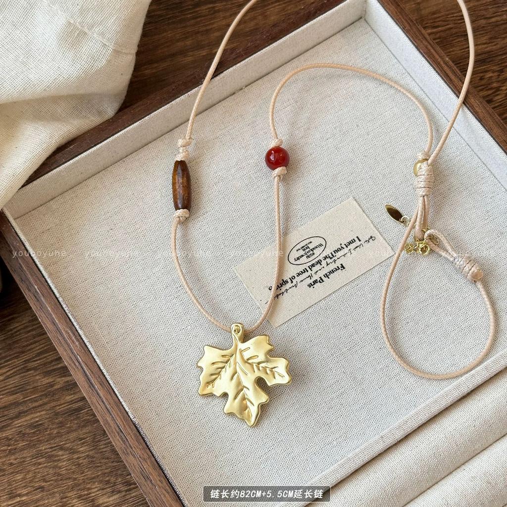 Tiger's eye stone gold maple leaf beaded necklace women's retro ethnic style long sweater chain neck accessories
