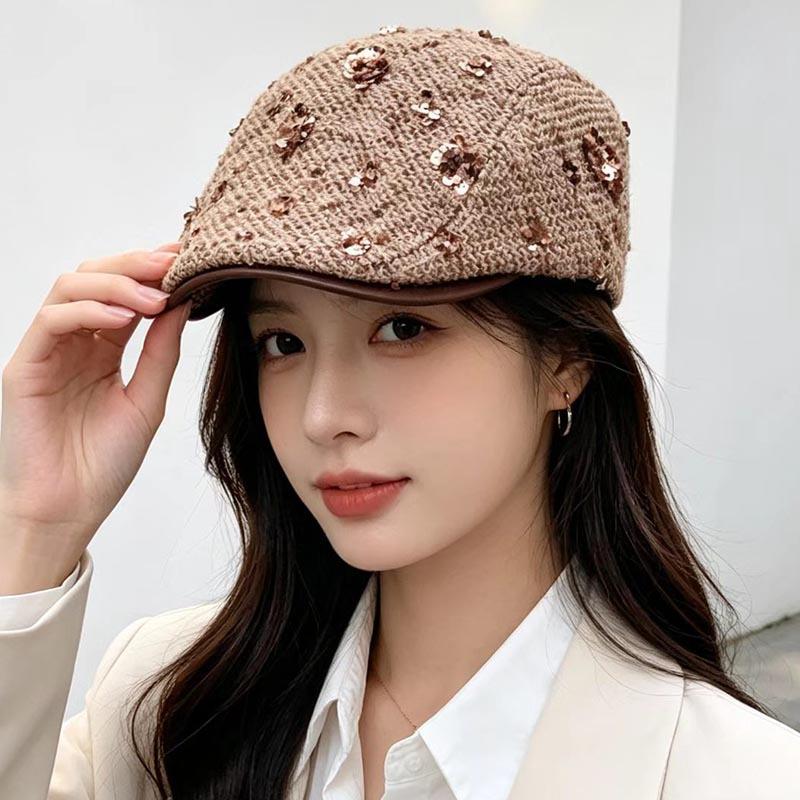 South Korea's new tweed Bere octagonal hat autumn and winter fashion small fragrant style sequined newsboy hat star forward hat