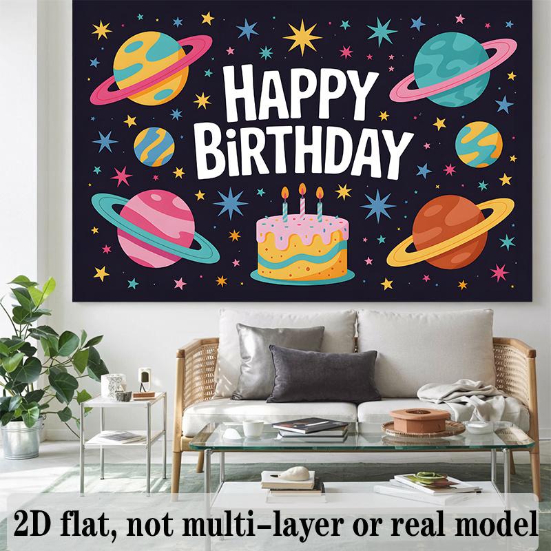 Planets Stars Birthday Banner, Space Photo Backdrop Wall Decor for Kids Party