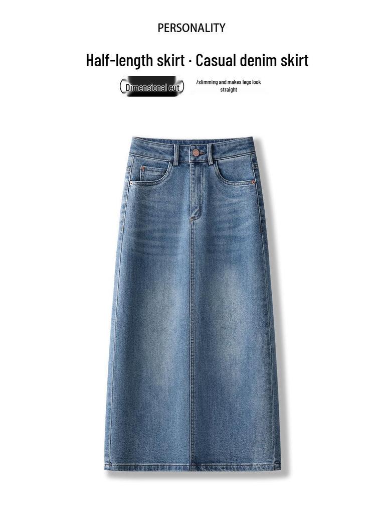 Women's High-Waisted A-Line Denim Midi Skirt with Retro Slit - Spring/Autumn 2026 Collection