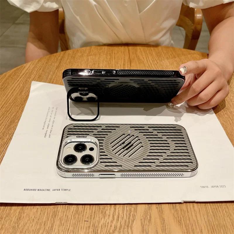 Luxury Hollow Heat Dissipation Magnetic Phone Case for iPhone 16 15 14 13 Pro max Camera Folding Stand Cover