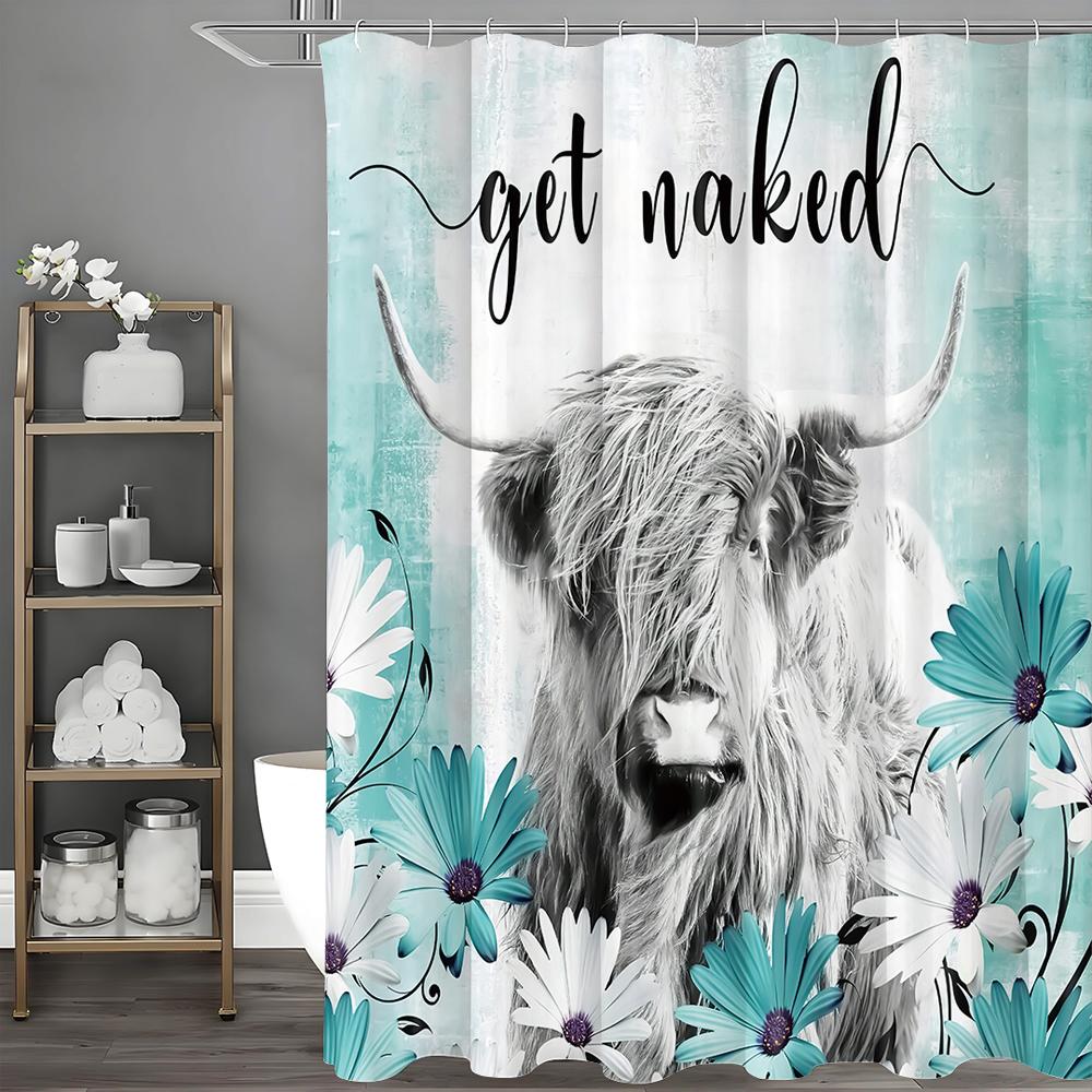 

Blue Floral Highland Cow Shower Curtain, Bathroom Decorative Shower Curtain, Waterproof Shower Curtain with Hooks 90*180cm