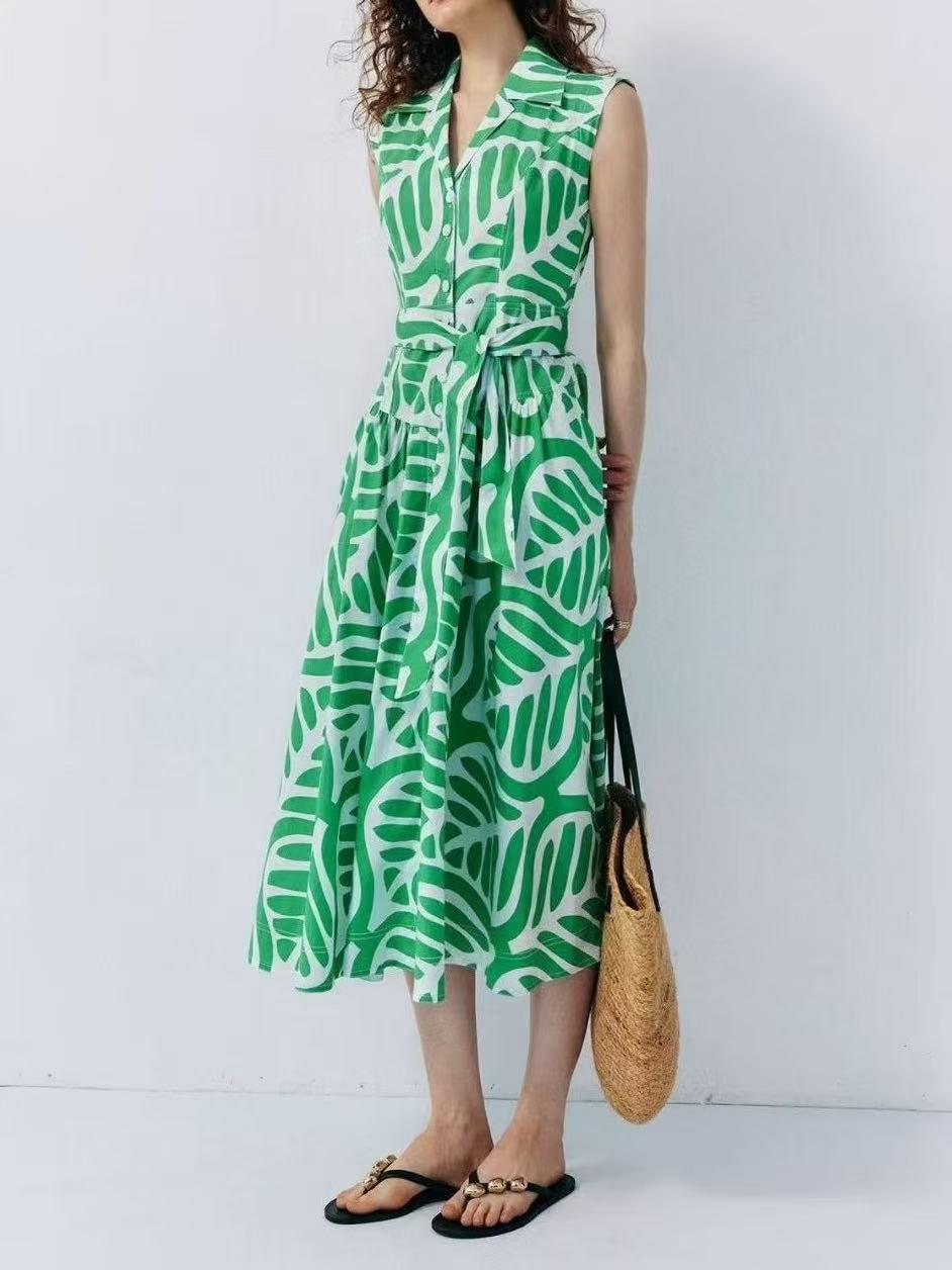 

DVF Платье Ранняя Осень Зеленое и Белое Листья Пальмы с Поясом на Талии - Лестная Курортная Мода 8