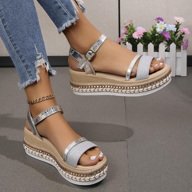 Summer New Large Size Fish Mouth Buckle Wedge Sandals Women's Fashion and Comfort Thick-soled Glossy Women's Sandals