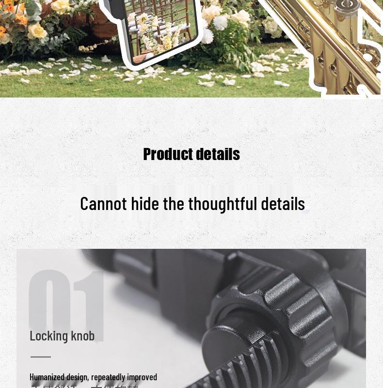 Mobile Phone Stand with Selfie, Sheet Music, and Musical Instrument Features for Video Recording and Rotating Strap Clip