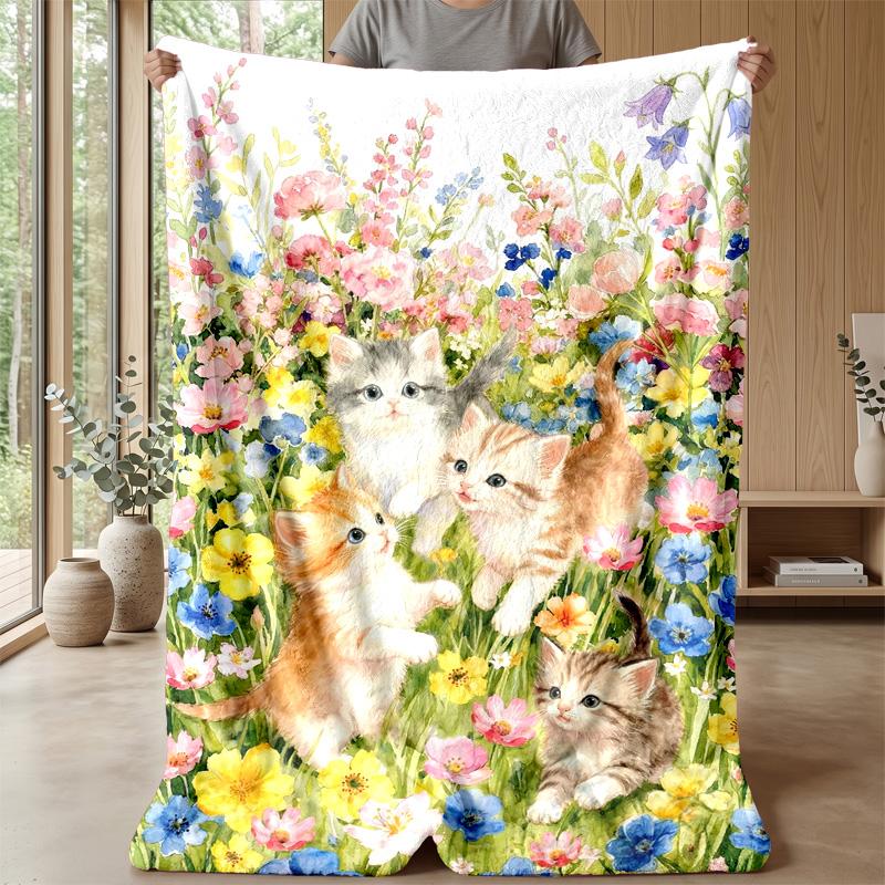 Kittens and Roses Romance Theme blanket Lightweight Warm Flannel Blanket Decorative Throw Blanket for Home Decoration