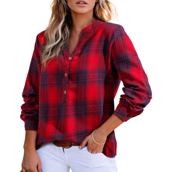 Damska Koszula Dekolt V Guziki Półplisa Długi Rękaw Pulower Wzór Kratka Casual Regularny Krój Koszula Biurowa