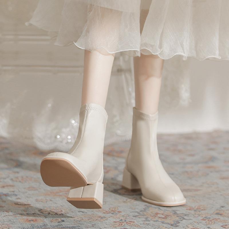 Französische elastische kurze Stiefel Damen dicke Absätze Herbst und Winter neu Maillard Temperament vielseitig Reißverschluss hinten dünne Martin-Stiefel