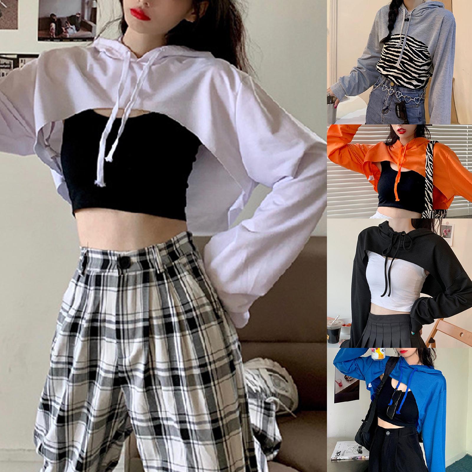 

MANGZHONG Женщины Сплошной цвет Длинный рукав Drawstring Micro Толстовка Нерегулярная короткая толстовка