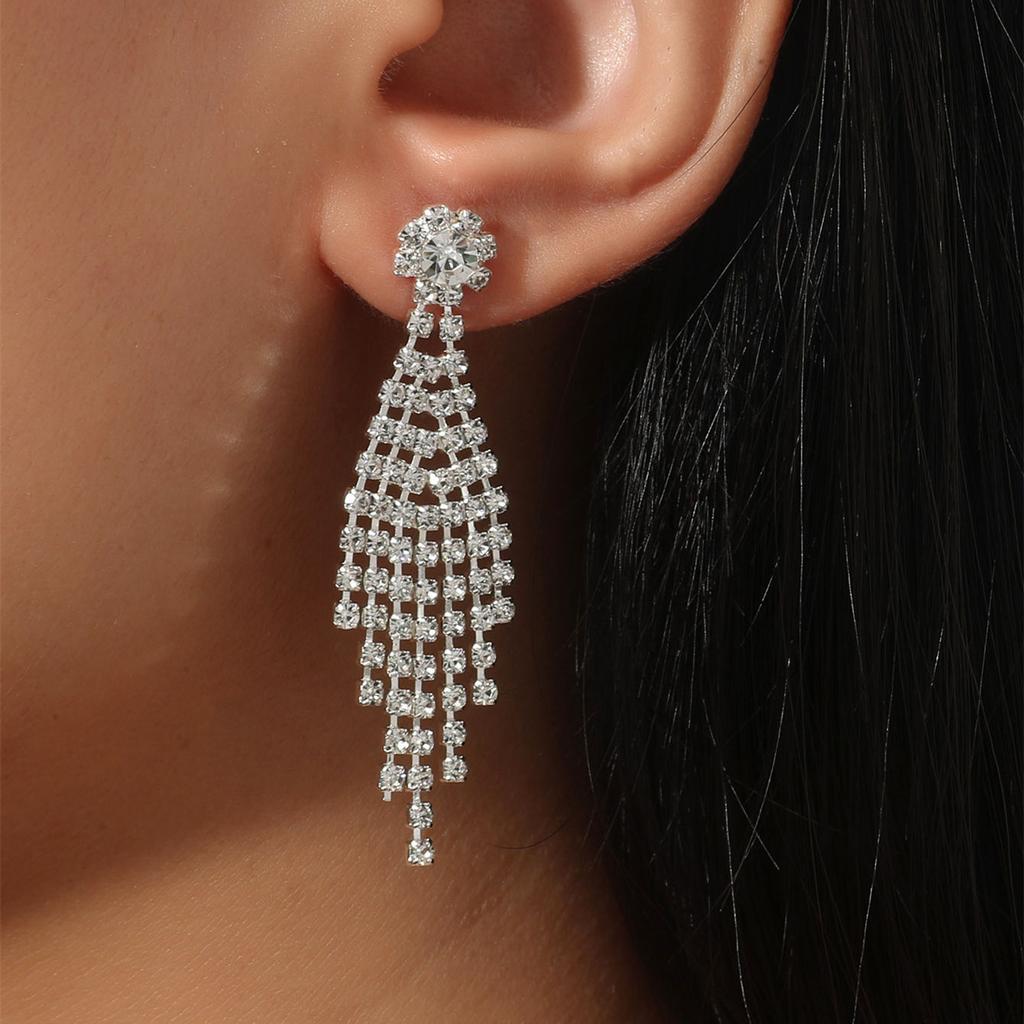 Premium super flash full diamond long fringed earrings