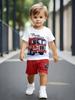 Toddler Boys Cool Fire Truck Print 2-Piece Outfit, Summer Red & White Clothes for Kids, Perfect for Playwear & Outdoor