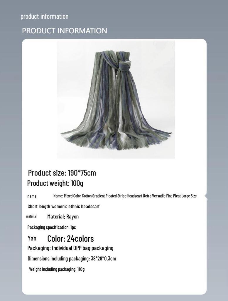 Retro Gradient Pleated Stripe Cotton Headscarf - Women's Large Ethnic Wrap