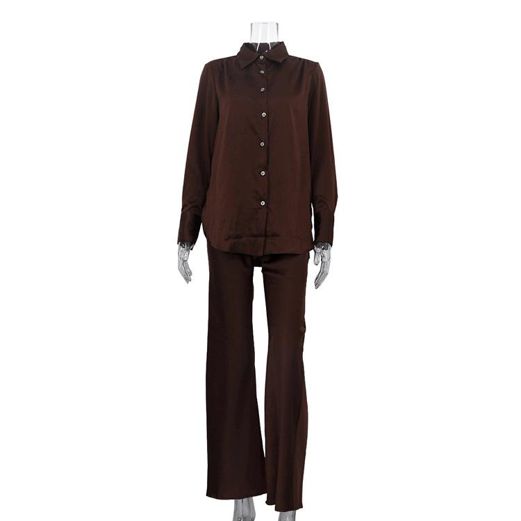 

women s Solid Color Turn Down Collar Long Sleeve Shirt High Waist Flared Long Pants 2 Piece Casual Outfit Set S коричневый
