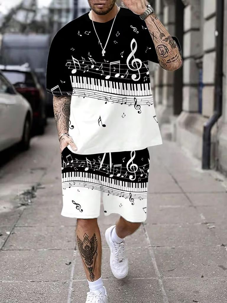 Men's Summer Leisure Set Piano Theme Print T-Shirt & Shorts Breathable Casual Outfit for Holiday/Beach