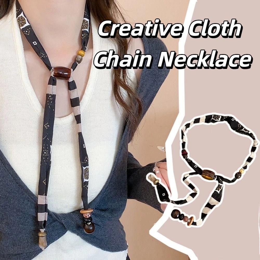 Strip Cloth Chain Necklace Multicolor Bohemian Choker Retro Wood Bead Necklace  Gift