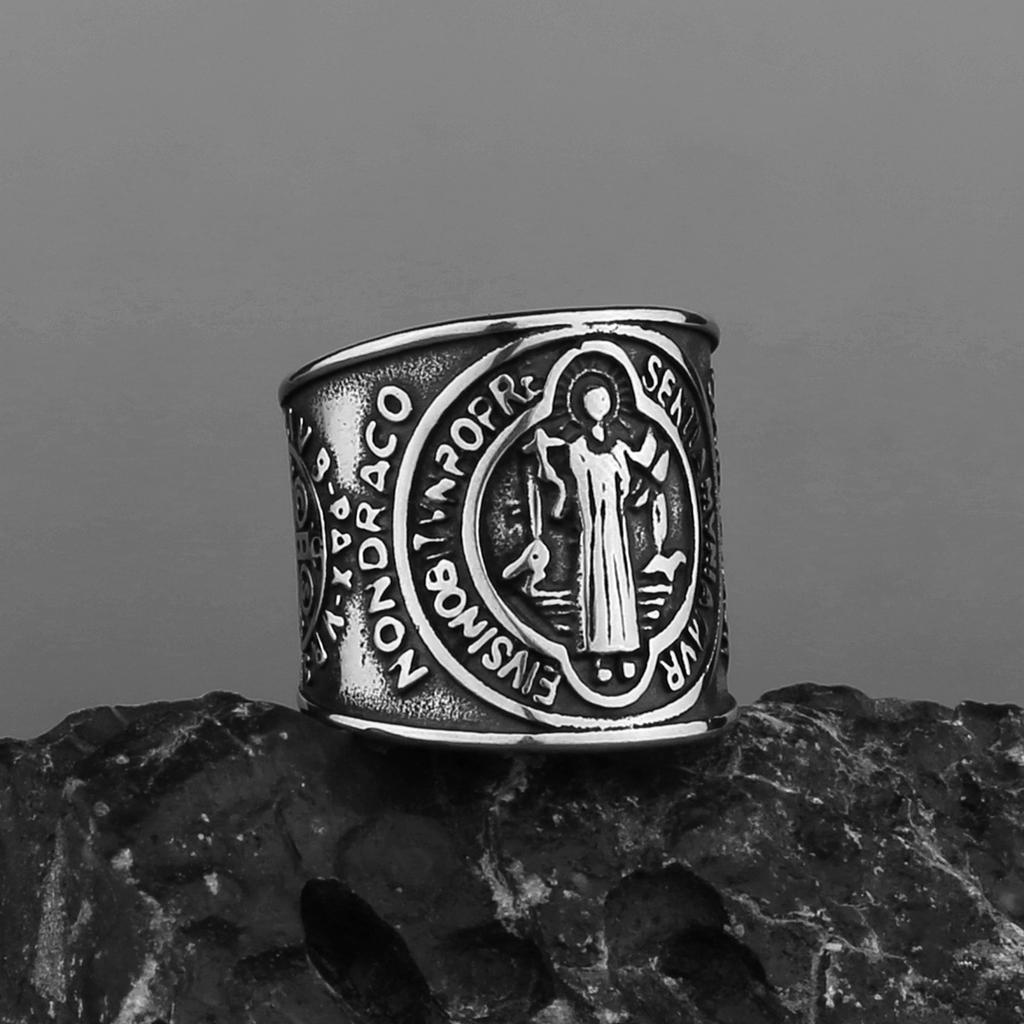Retro Sankt Benedictusmedalj Bred Ring För Män Rostfritt Stål Metallkors Vintage Punk Gotiska Accessoarer Välsignelse Gåva